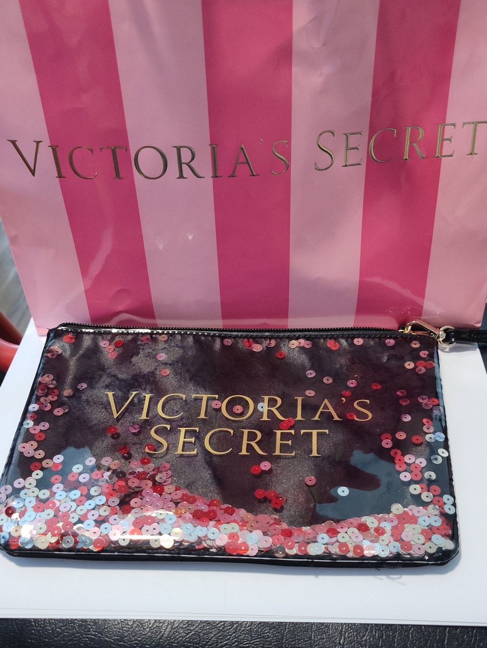 Victoria's Secret Confetti Sequin Logo Wristlet Bling Pouch Multi Color 8 X 6